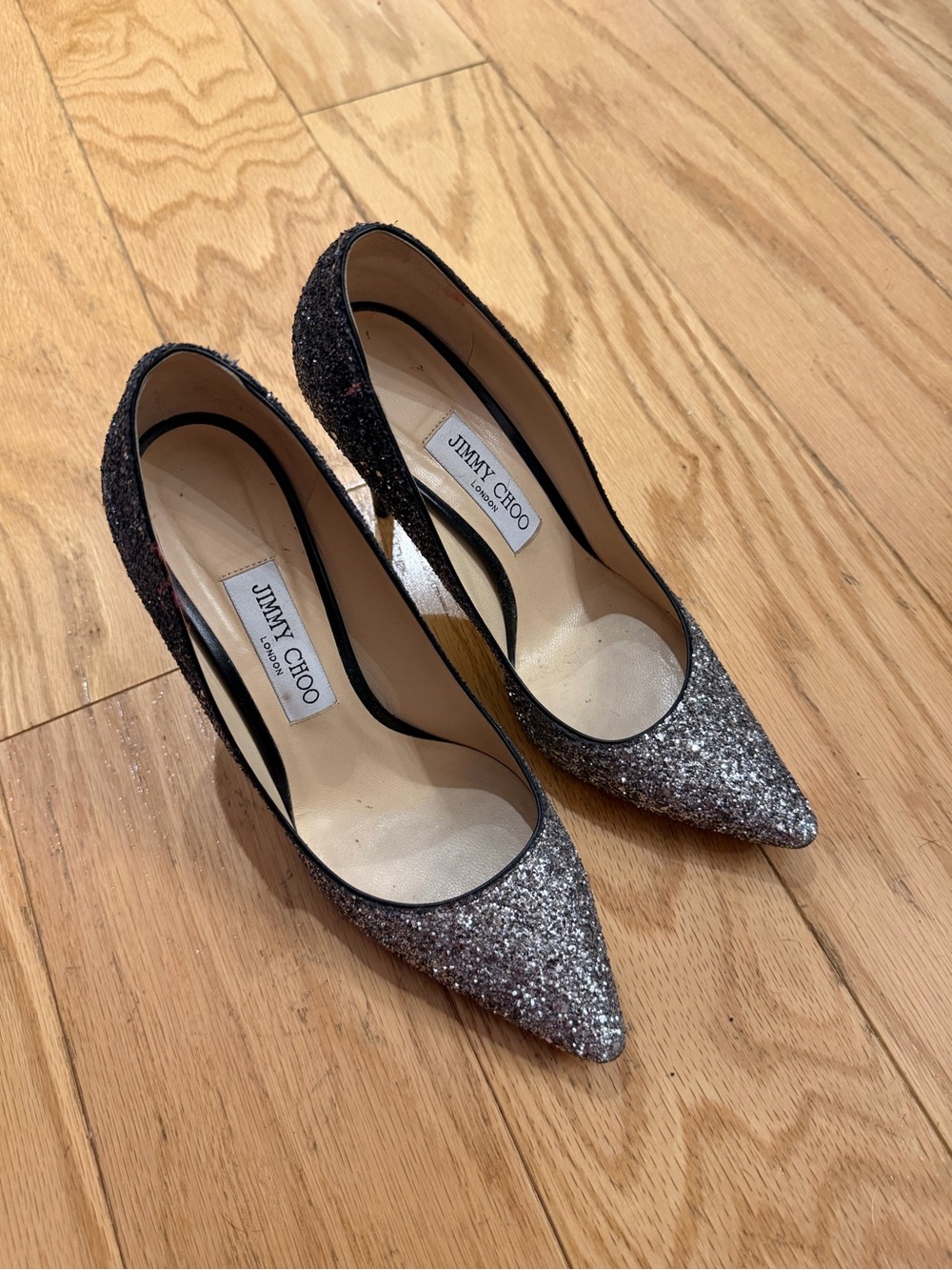 Jimmy Choo Gunmetal Glitter Pointed Pumps